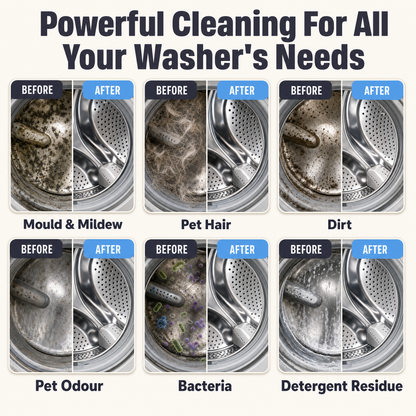 FluffyFriend Washing Machine Cleaner before and after cleaning results grid