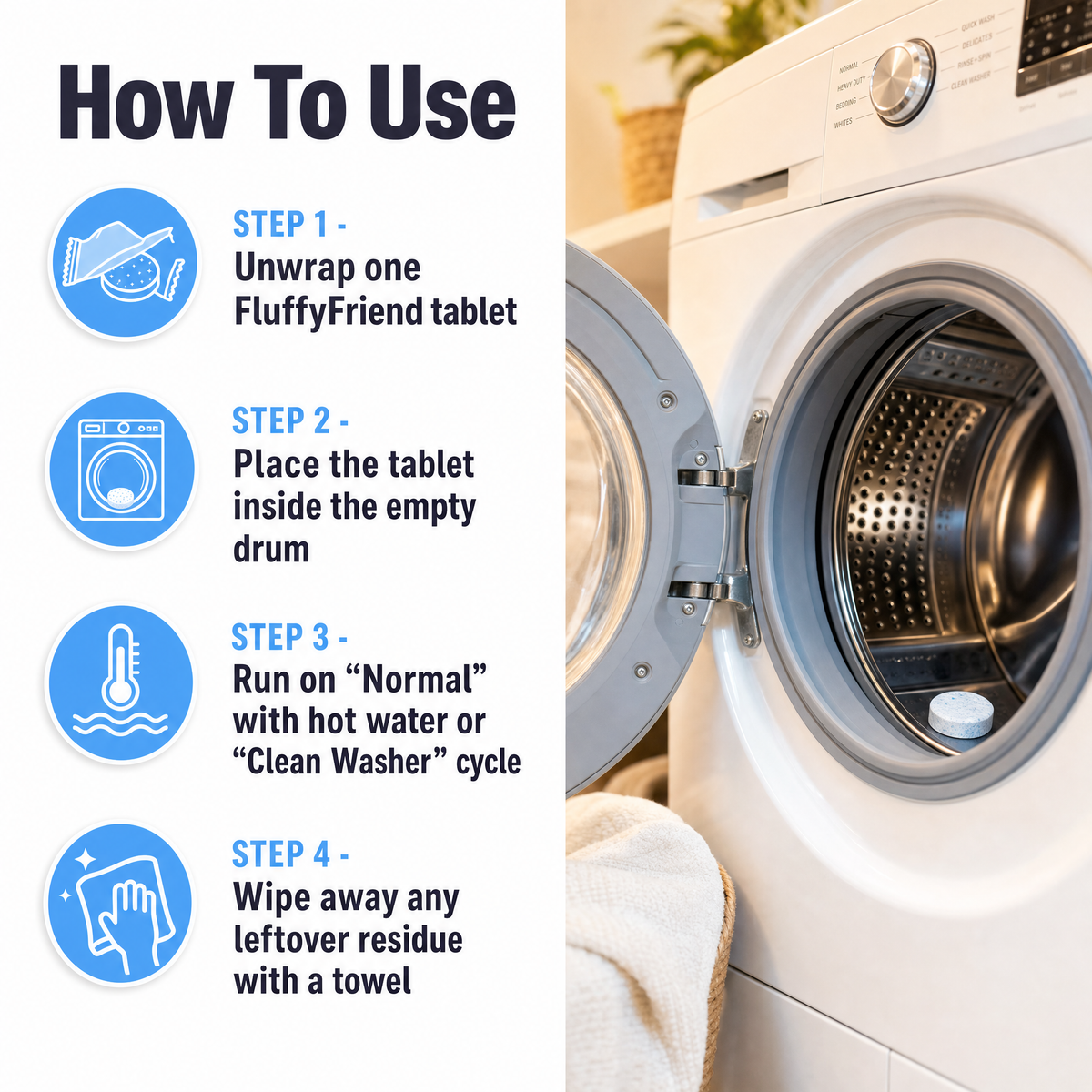 FluffyFriend Washing Machine Cleaner how to use in 4 steps