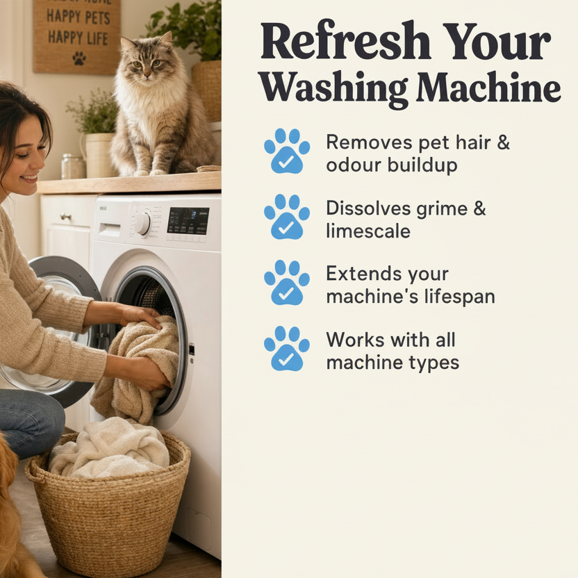 FluffyFriend benefits checklist with a pet-friendly laundry lifestyle photo