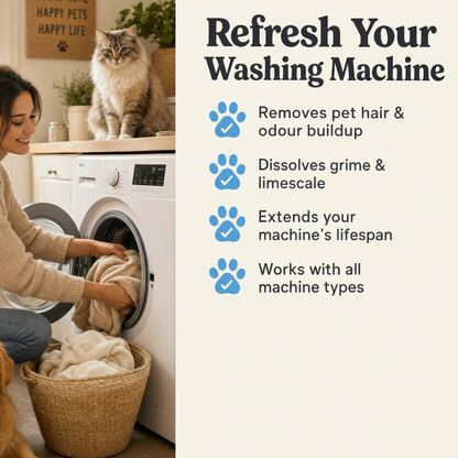 FluffyFriend benefits checklist with a pet-friendly laundry lifestyle photo